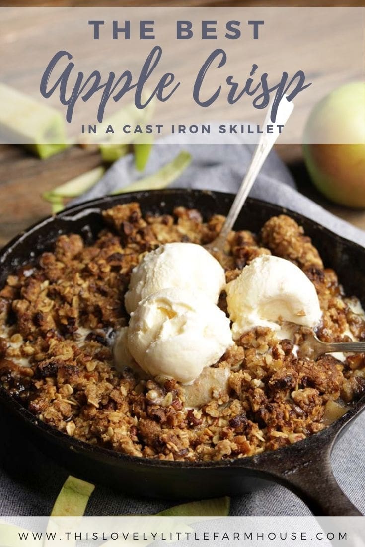 Cast iron skillet apple crisp the perfect easy apple fall dessert recipe! Whether you use freshly picked apples or pick up apples from the grocery store, it’ll become a family favorite! #castironskilletapplecrisp #applecrisp #falldessertrecipe 