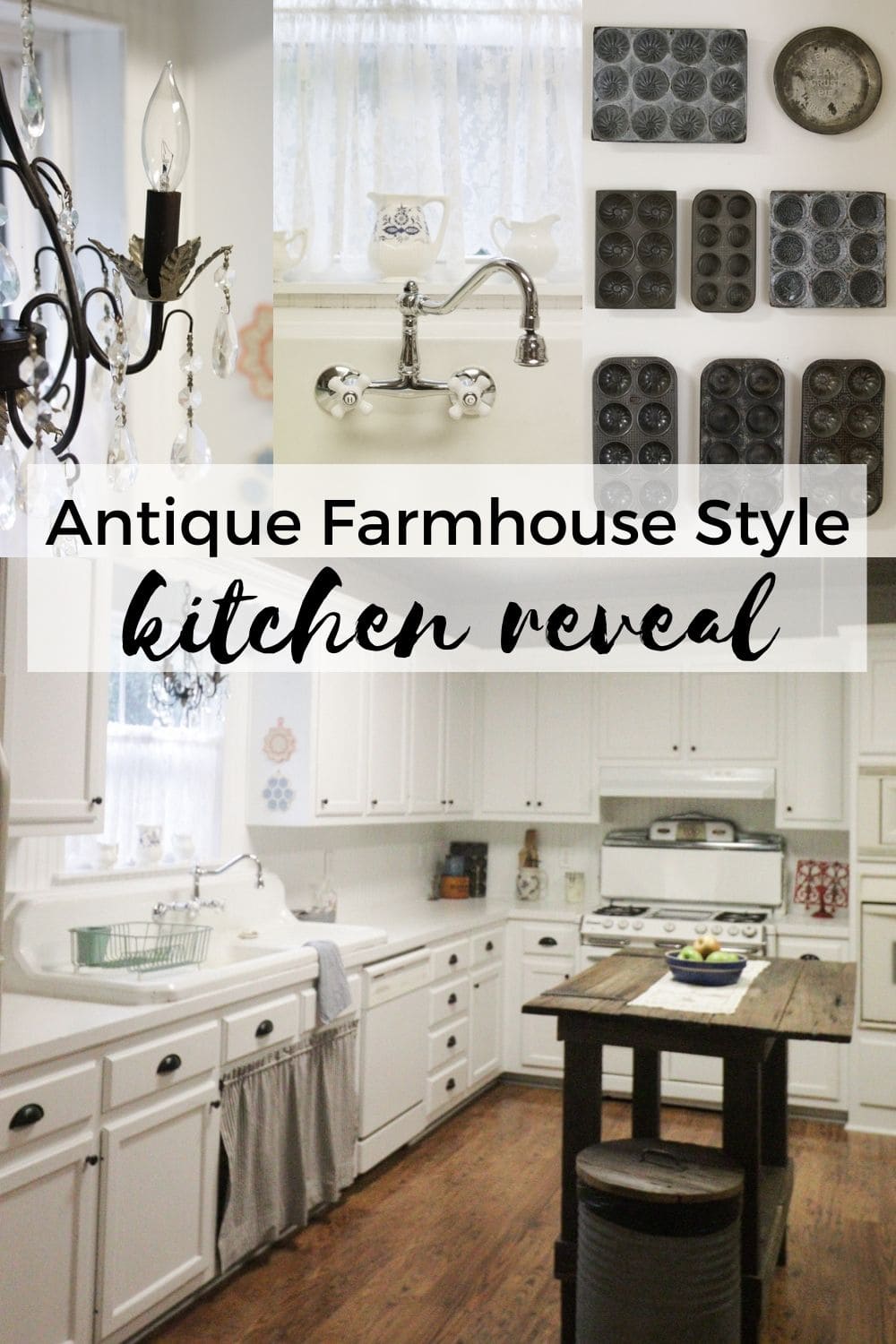 I'm so excited to finally be able to share my farmhouse kitchen reveal with you complete with authentic farmhouse elements like a double drain board cast iron sink, a vintage gas stove, and a bead board backsplash. #allwhitekitchen #farmhousestylekitchen #farmhousekitchenideas #modernfarmhousekitchen