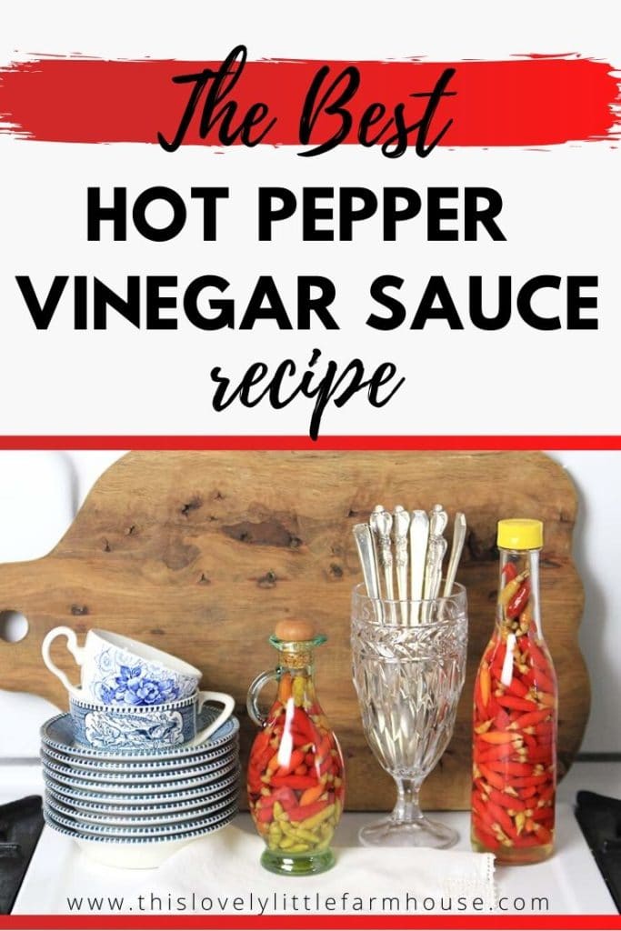 How to make the best hot pepper vinegar sauce recipe for greens and many other traditional southern favorites! Tabasco pepper vinegar and Birdseye pepper vinegar are our two favorites but any hot pepper should work. #tabascopeppervinegarrecipe #hotpeppervinegarsauce #hotpeppervinegarrecipe #peppervinegarsauce #birdseyepeppers