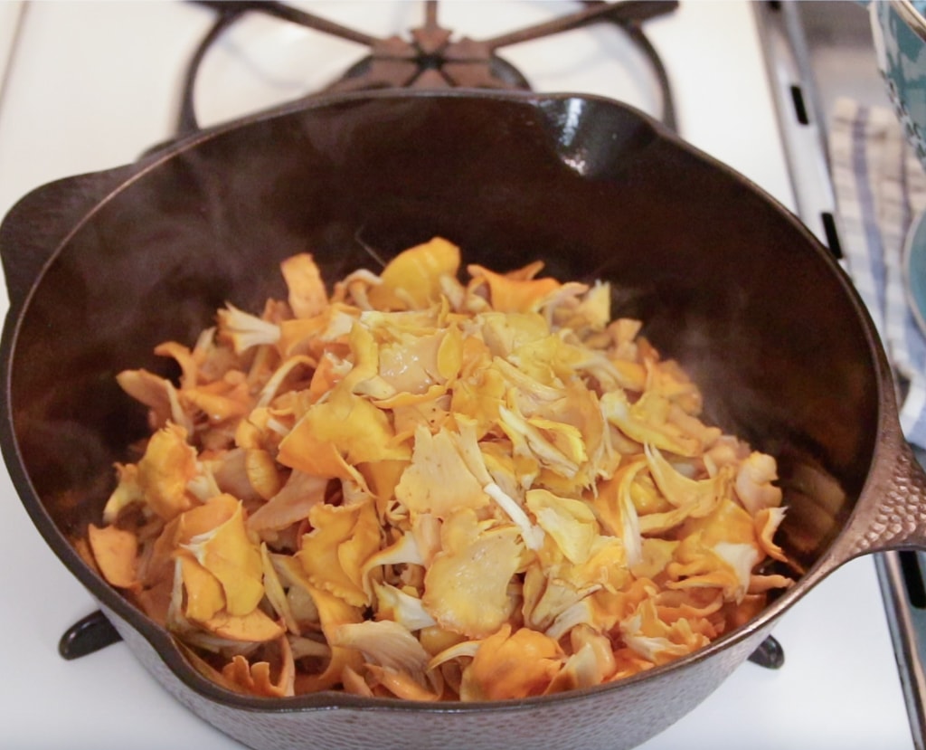 cooking wild chanterelles in a cast iron skillet