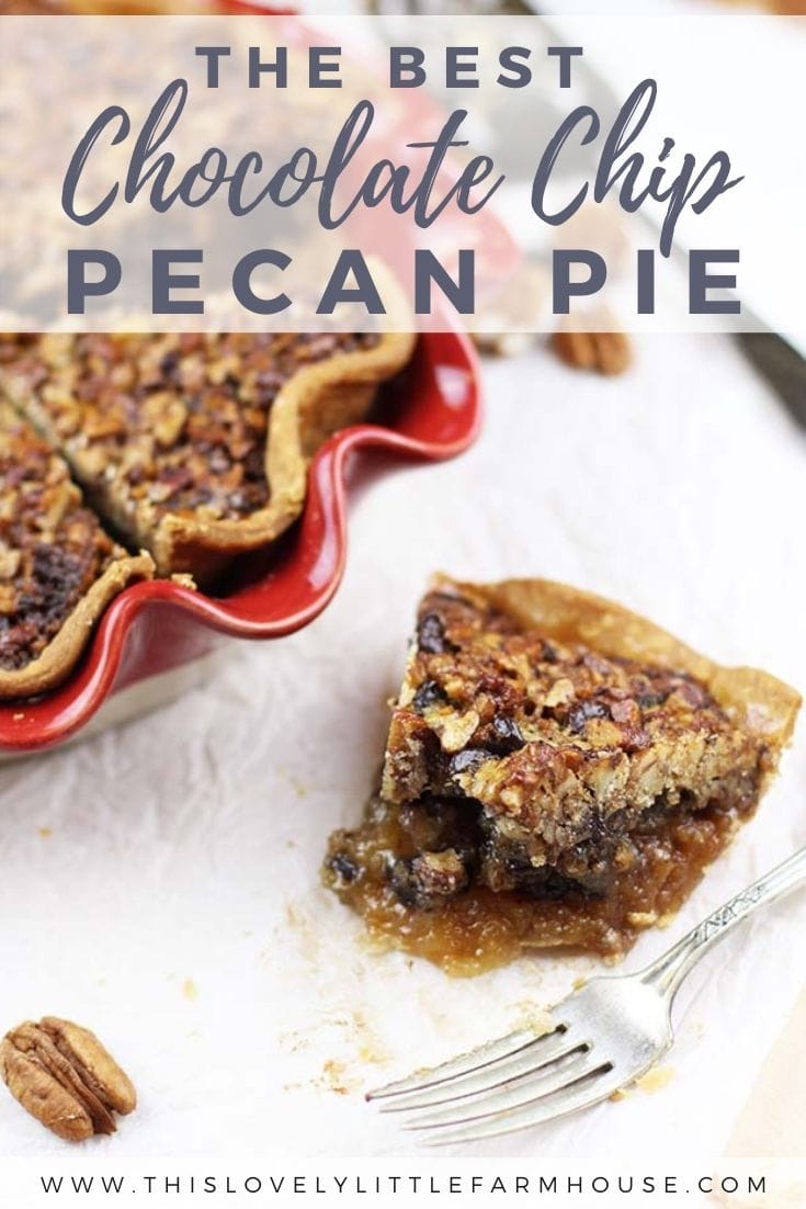Chocolate chip pecan pie makes the perfect Thanksgiving dessert recipe or family Christmas dessert recipe! A definite family favorite, I never have left overs when I take this pie somewhere! #chocolatechippecanpie #chocolatepecanpie #bestpecanpierecipe