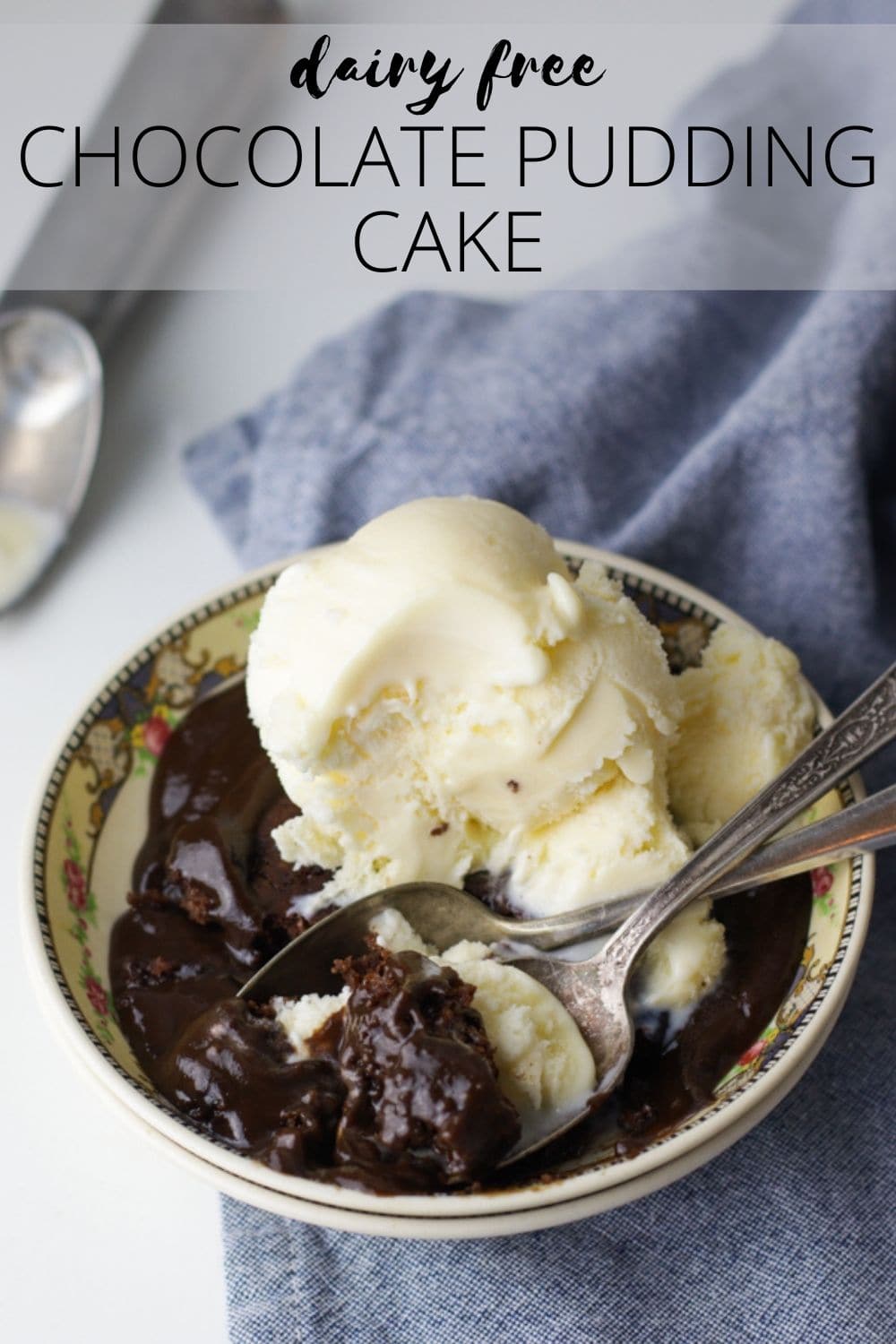 This dairy free chocolate pudding cake is gooey, rich, chocolatey goodness that you won't feel one bit deprived eating! Also called brownie pudding, hot fudge cake, and chocolate cobbler, this cake is delicious no matter what you call it! #castironrecipe #chocolatecobbler