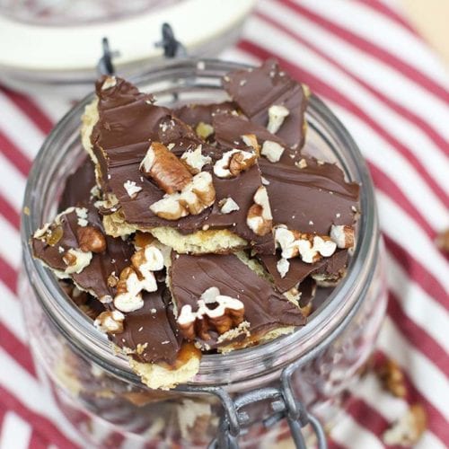french canning jar filled with saltine cracker toffee bars