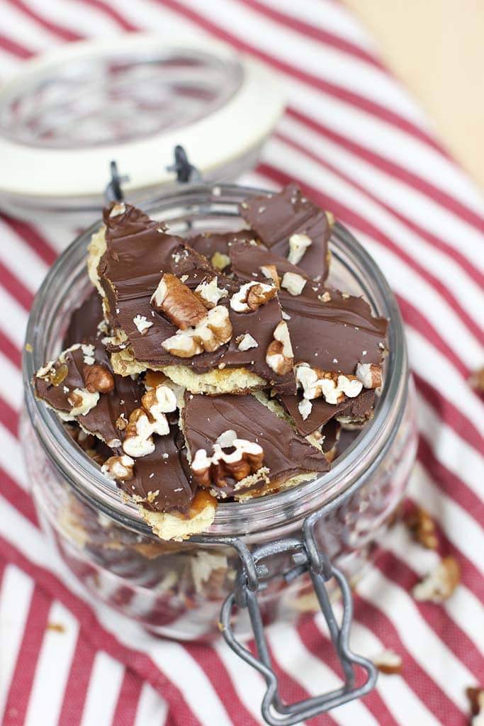french canning jar filled with saltine cracker toffee bars