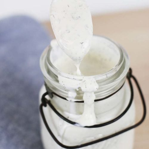 homemade ranch dressing from scratch in a vintage glass mason jar