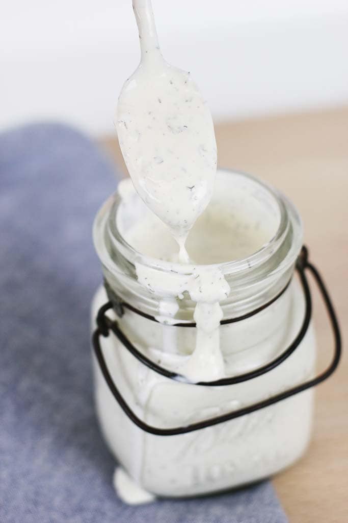 homemade ranch dressing from scratch in a vintage glass mason jar