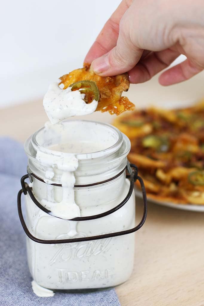 cheesy fries dipped in easy, diy ranch dressing from scratch