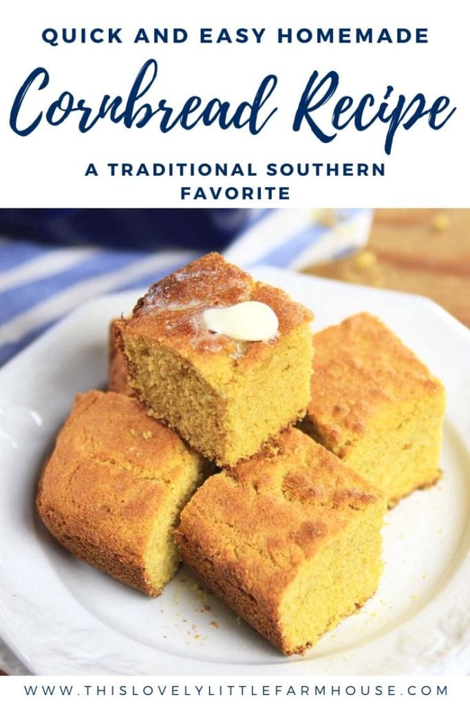 Read the post or watch the video to learn how to make homemade cornbread from scratch. This is an easy, southern style homemade cornbread without buttermilk recipe that can be made in a cast iron skillet for beautifully browned edges. Serve it with your next pot of beans or other traditional southern favorites! #easyskilletcornbreadrecipe #howtomakehomemadecornbread #easycornbreadrecipe #southernstylecornbreadrecipe #homemadecornbreadwithoutbuttermilk