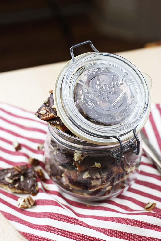 Le Parfait french canning jar filled with homemade saltine cracker toffee